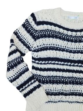 SFERA Cream and Navy Striped Open-Knit Crewneck Sweater